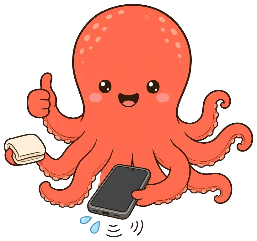 Gigi the octopus holding a phone, with water drops coming out of its speaker